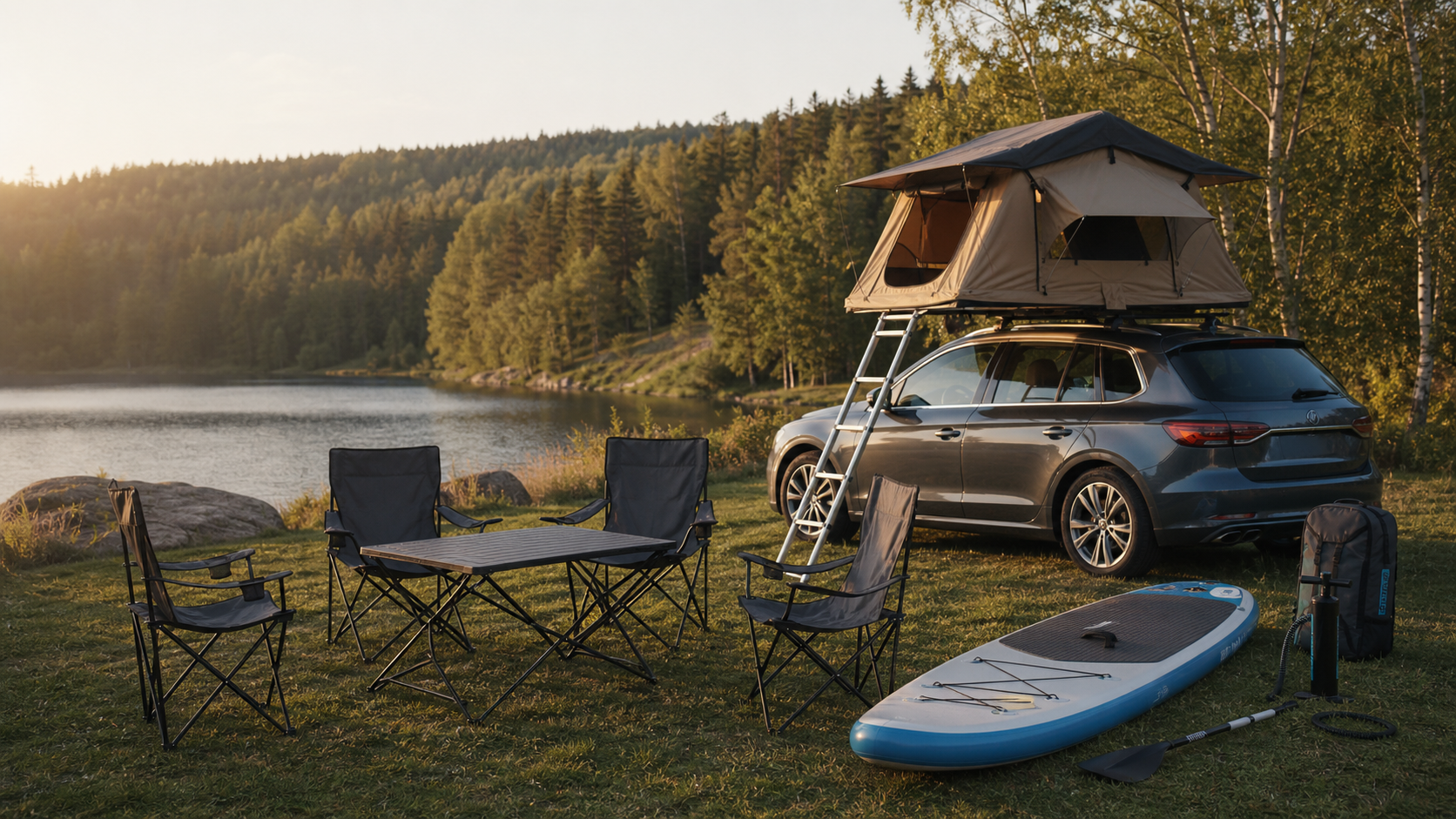 Balíček Adventure — kempingový stůl, židle a paddleboard u auta se střešním stanem